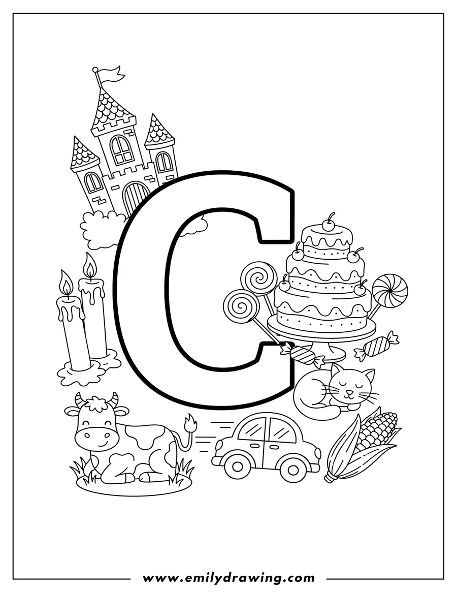 PDF style coloring page: letter C surrounded by a castle, candles, a cake, candy, a cow, a moving car, a lying cat, and an ear of corn
