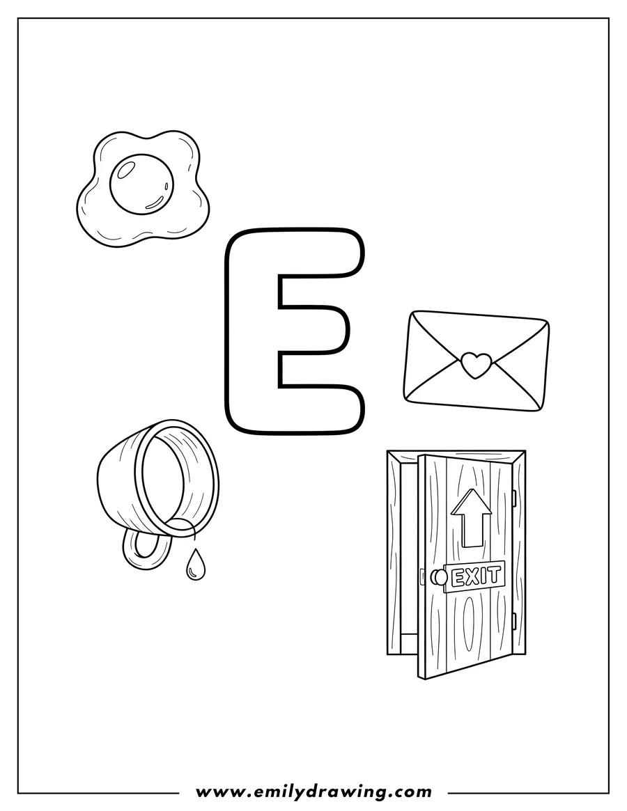 Vector style outline of letter E flashcard with a fried egg, an overturned empty cup with a drop, a closed envelope, and an open door with an exit arrow