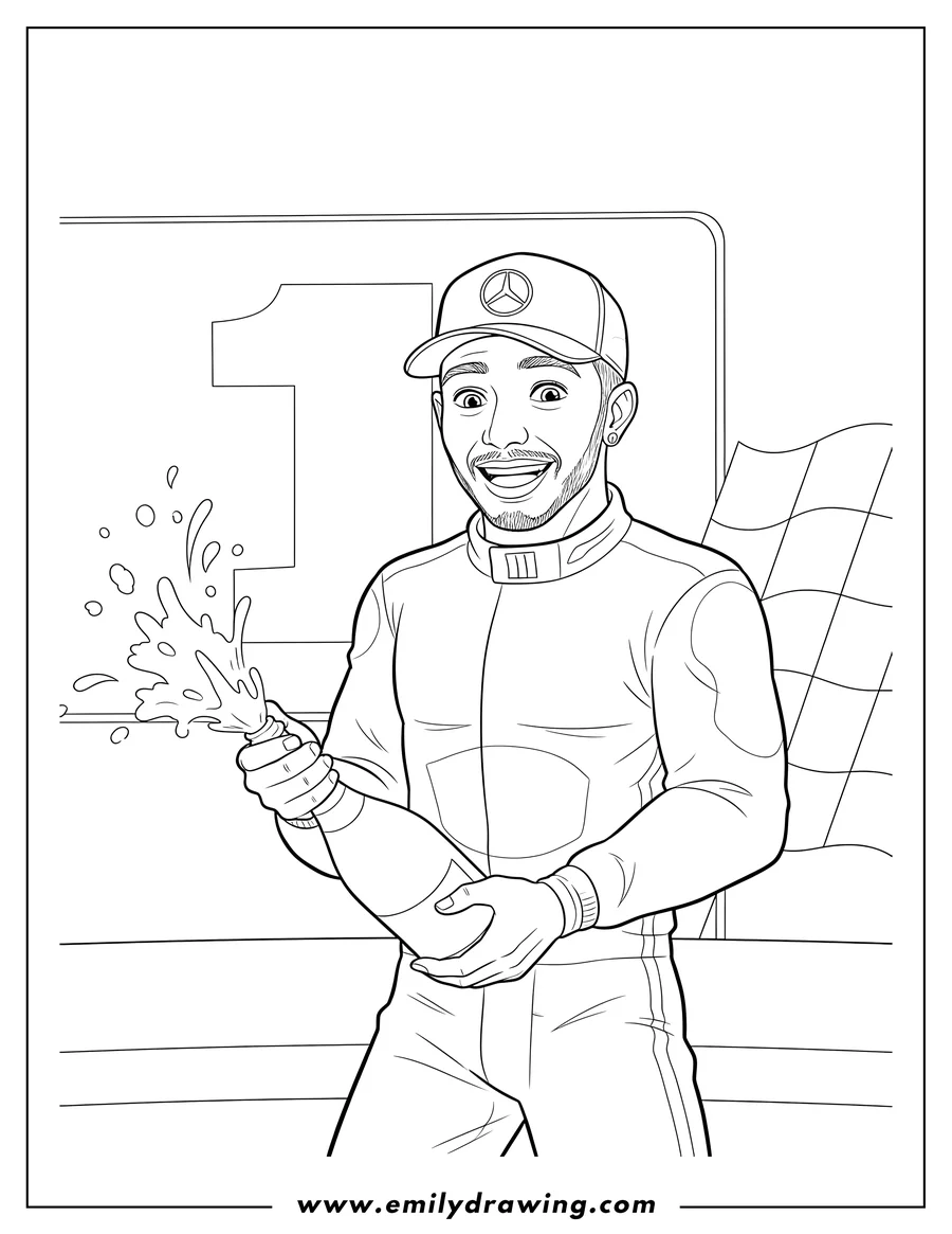 High quality printable F1 Racer Lewis Hamilton smiling, wearing a cap, and popping a champagne bottle with both hands for coloring