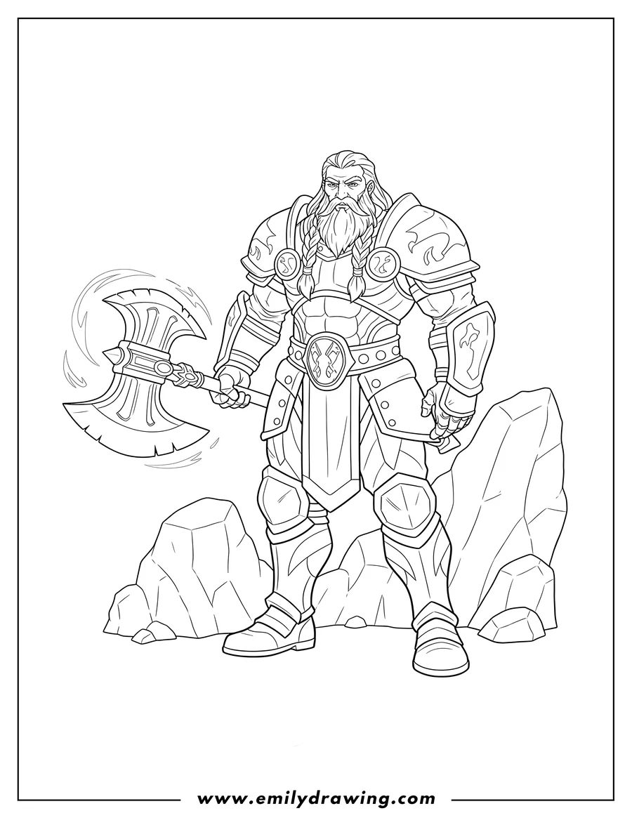 Simple sketch of lexica Male League Legends, a muscular armored man with a beard holding a weapon to color