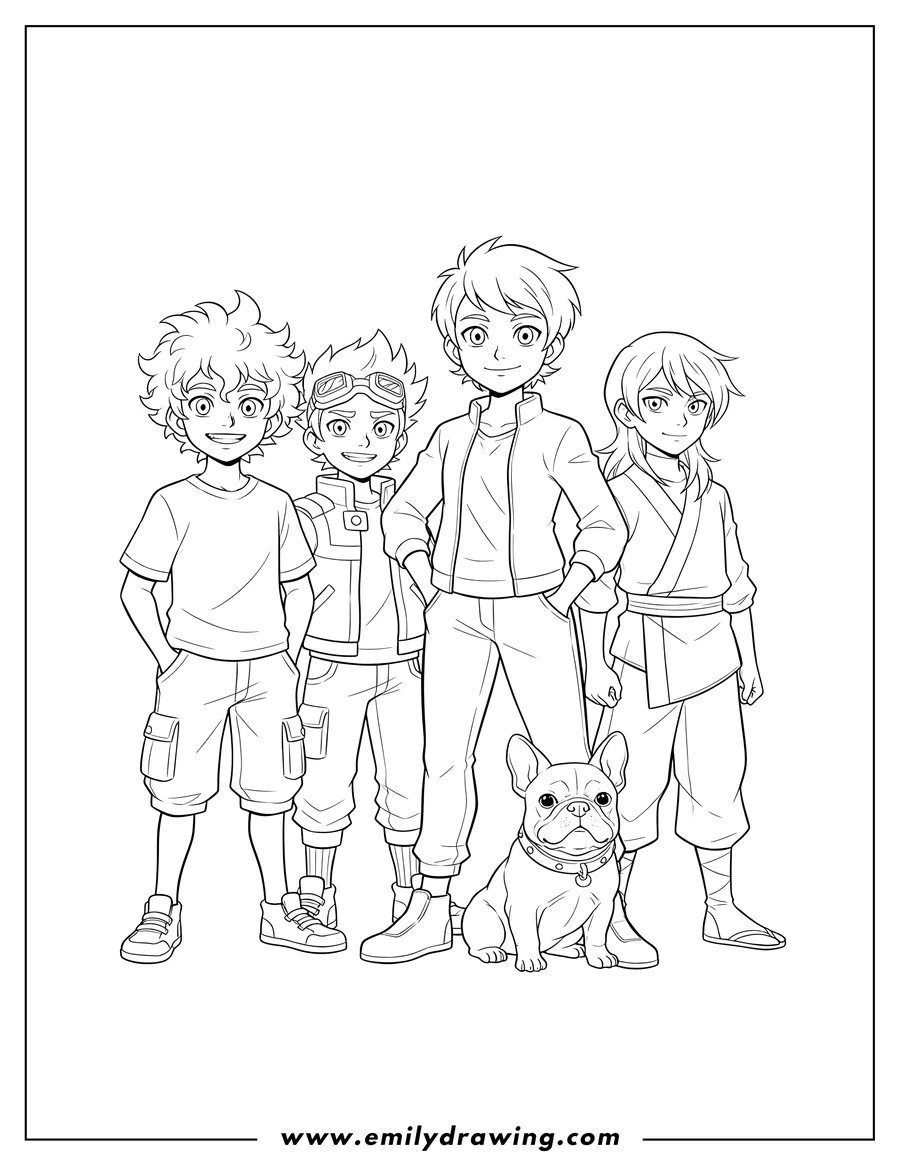 Simple sketch of lia Venegas, Dan Kouzo, Wynton Styles, Shun Kazami, and a French Bulldog standing together and smiling to color