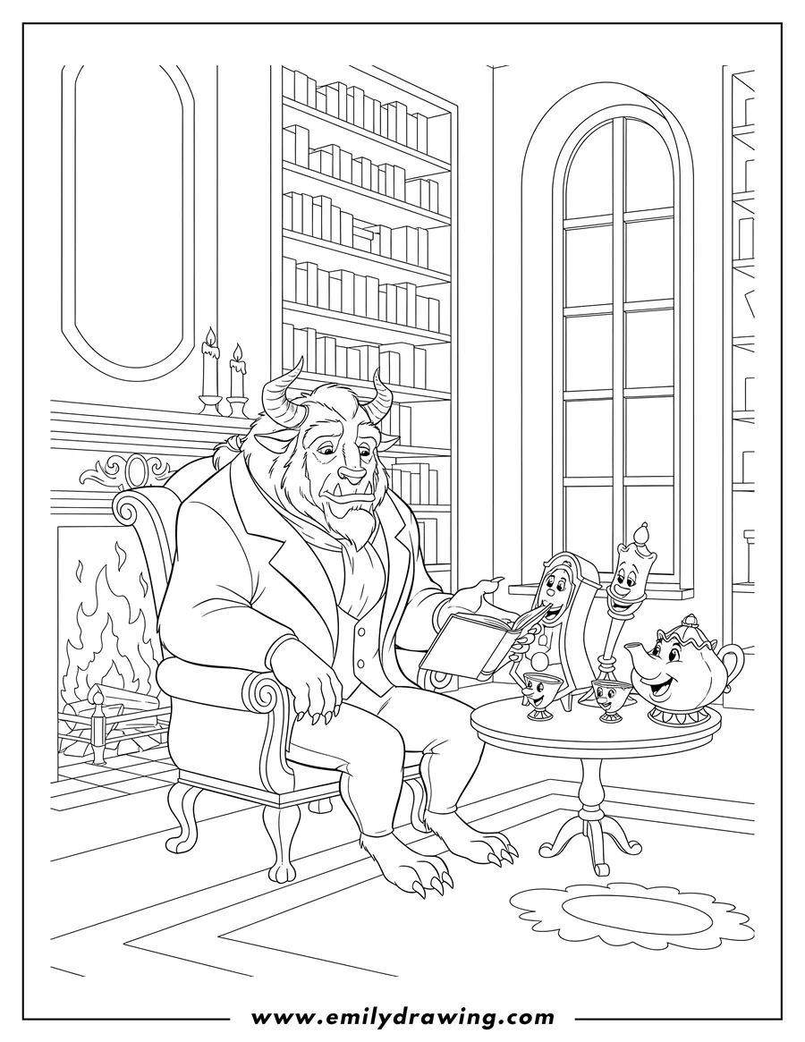 Free to print drawing of beast sitting by the fireplace with Cogsworth reading and Lumiere, Mrs. Potts and Chip smiling on a table, in the library