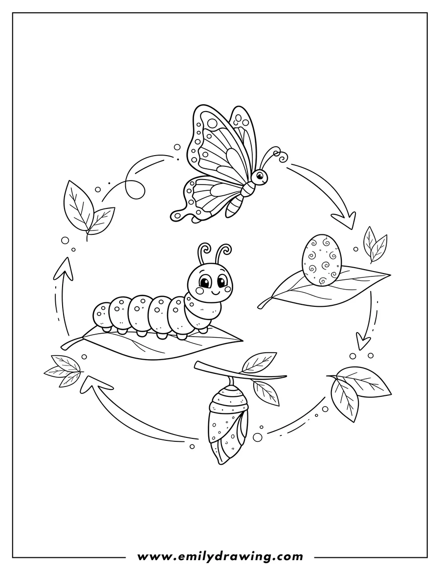 Clean line drawing: lifecycle Caterpillar To Color, depicting the butterfly, egg, and chrysalis stages in a circular flow