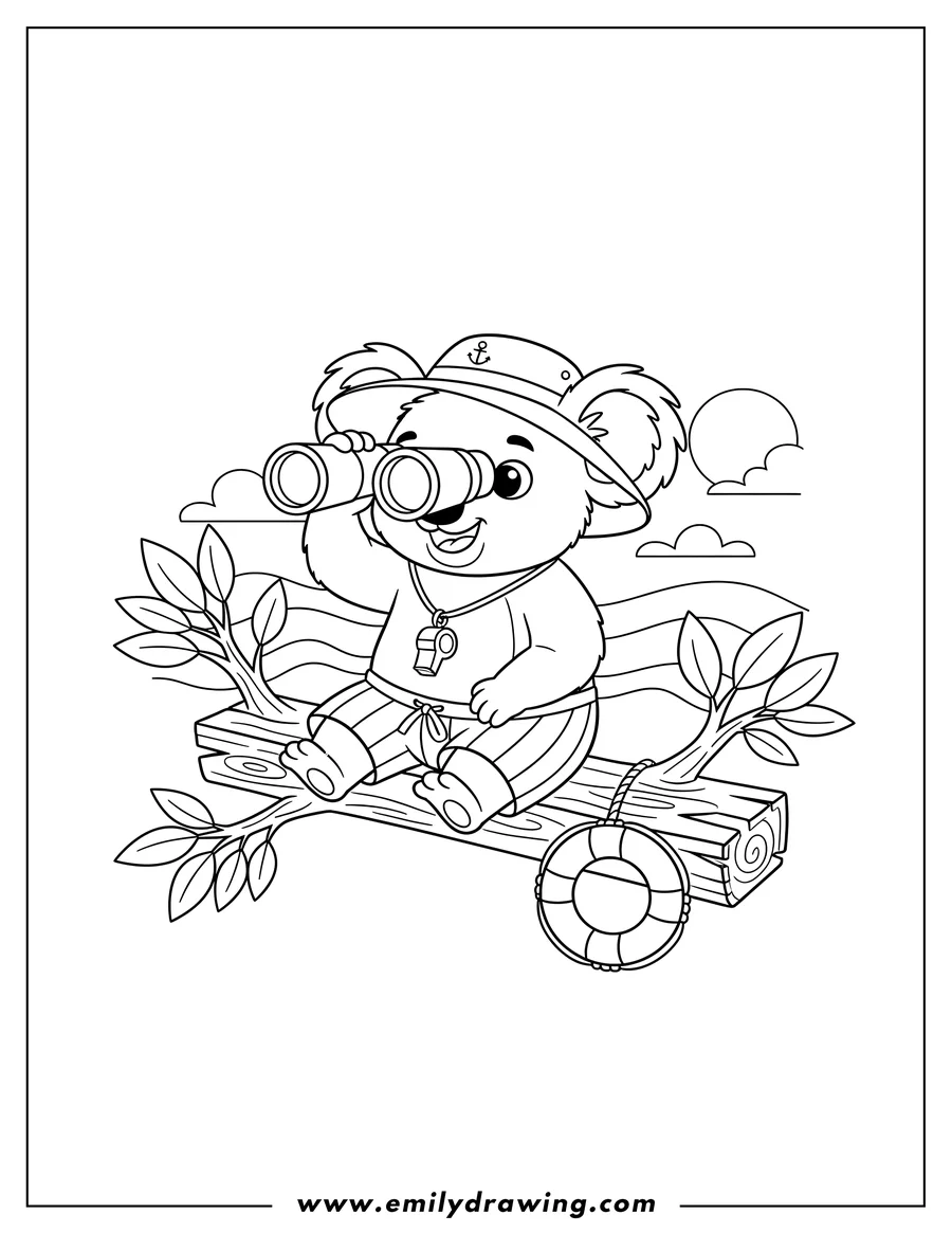 Coloring sheet featuring lifeguard Koala wearing a hat and swim shorts, sitting on a wooden plank in a tree, looking through binoculars