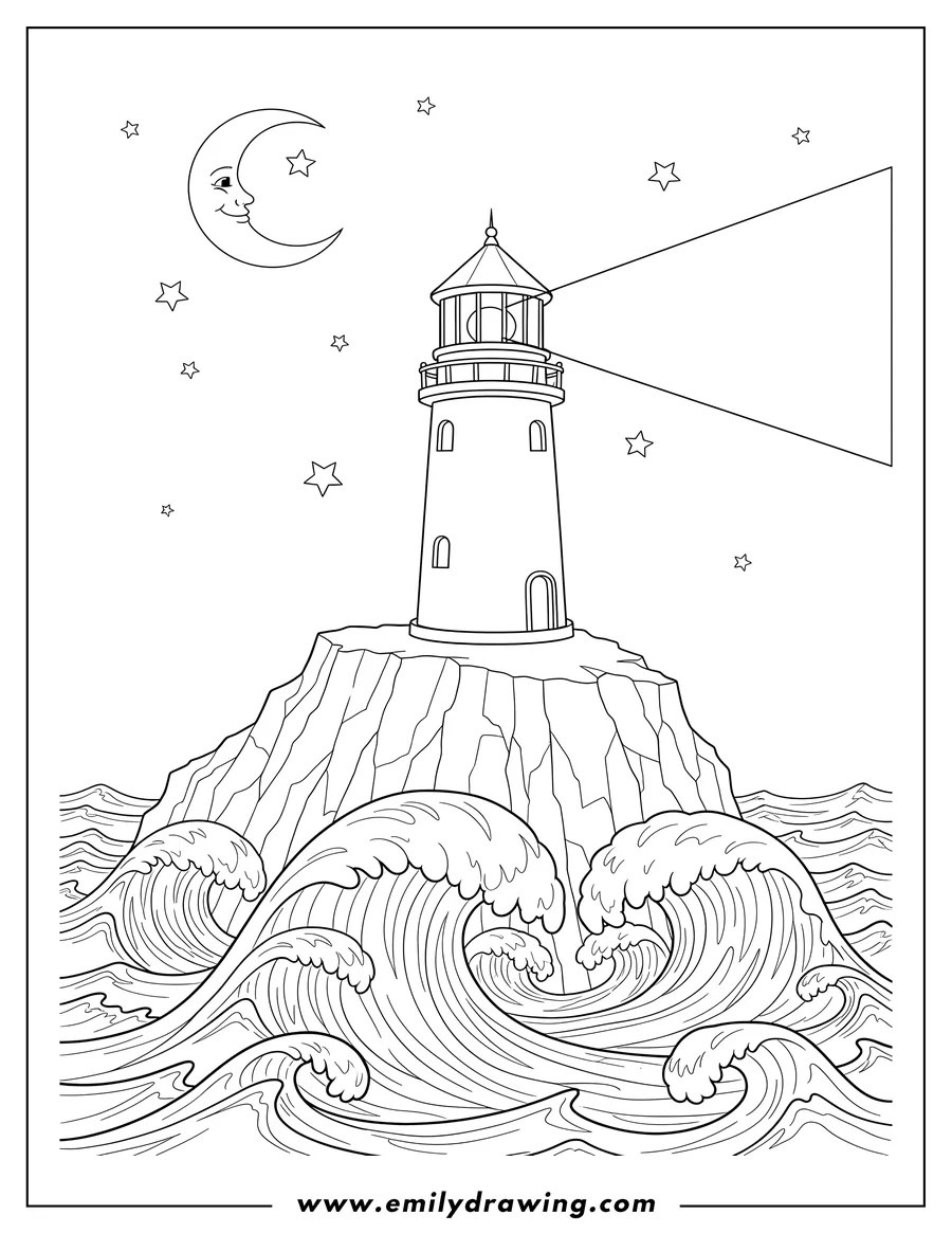 Black and white line art of lighthouse on a rocky cliff beaming at night with massive waves