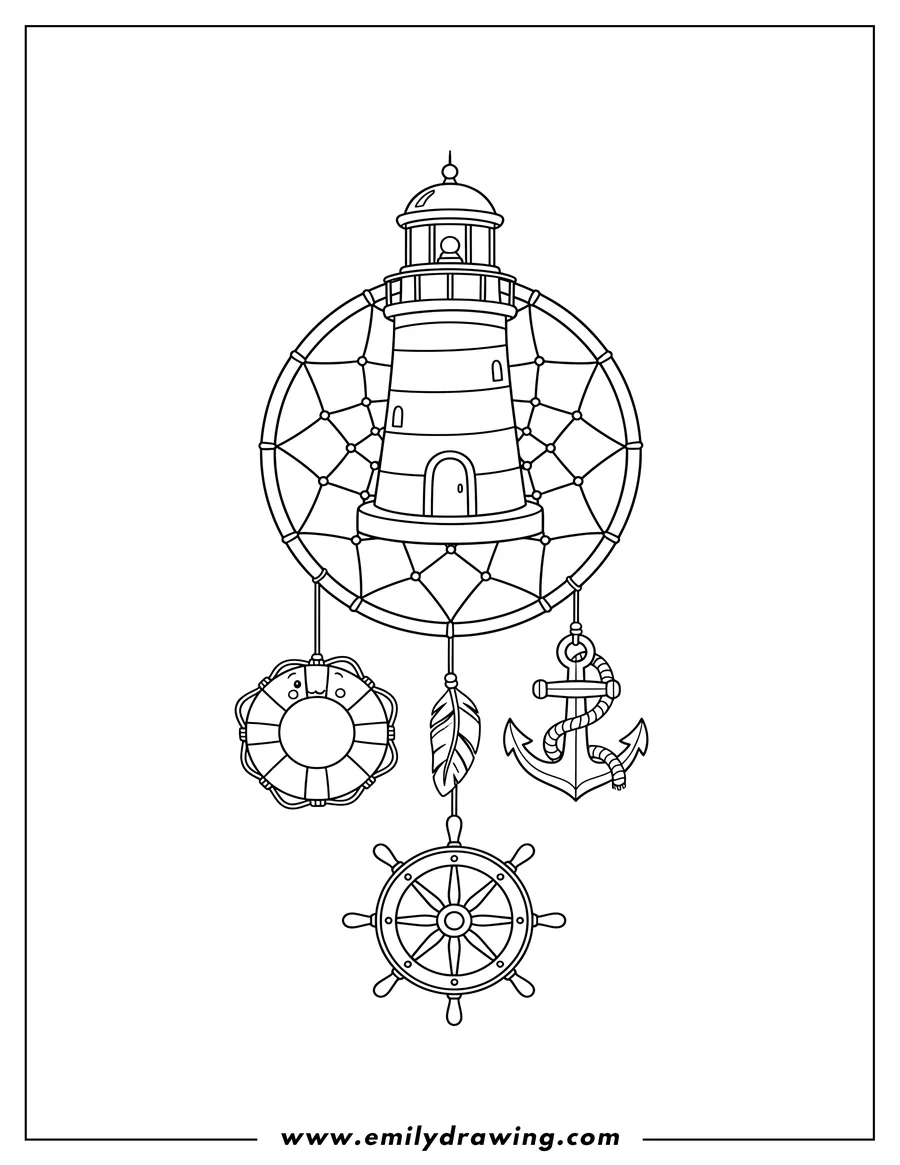 Clean line drawing: lighthouse dreamcatcher featuring a lifebuoy, anchor, and ship's wheel