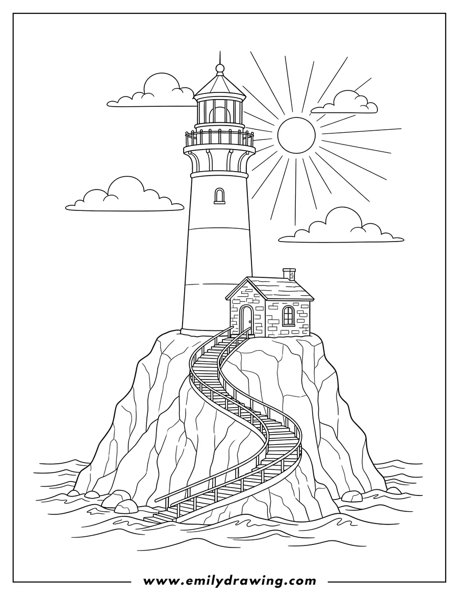 High quality printable lighthouse on a rocky island with a large winding stone staircase and a small secondary building for coloring