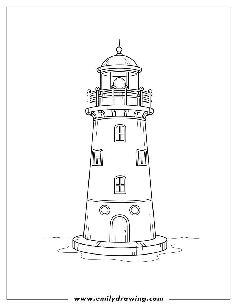 Printable coloring page of lighthouse Outline with railings, windows, and a door
