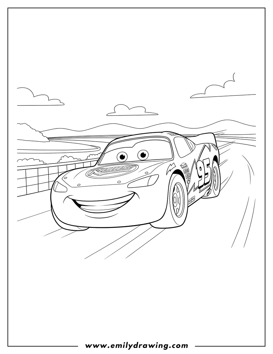 Clean line drawing: lightning McQueen, number 95, smiling, racing on track for a coloring page