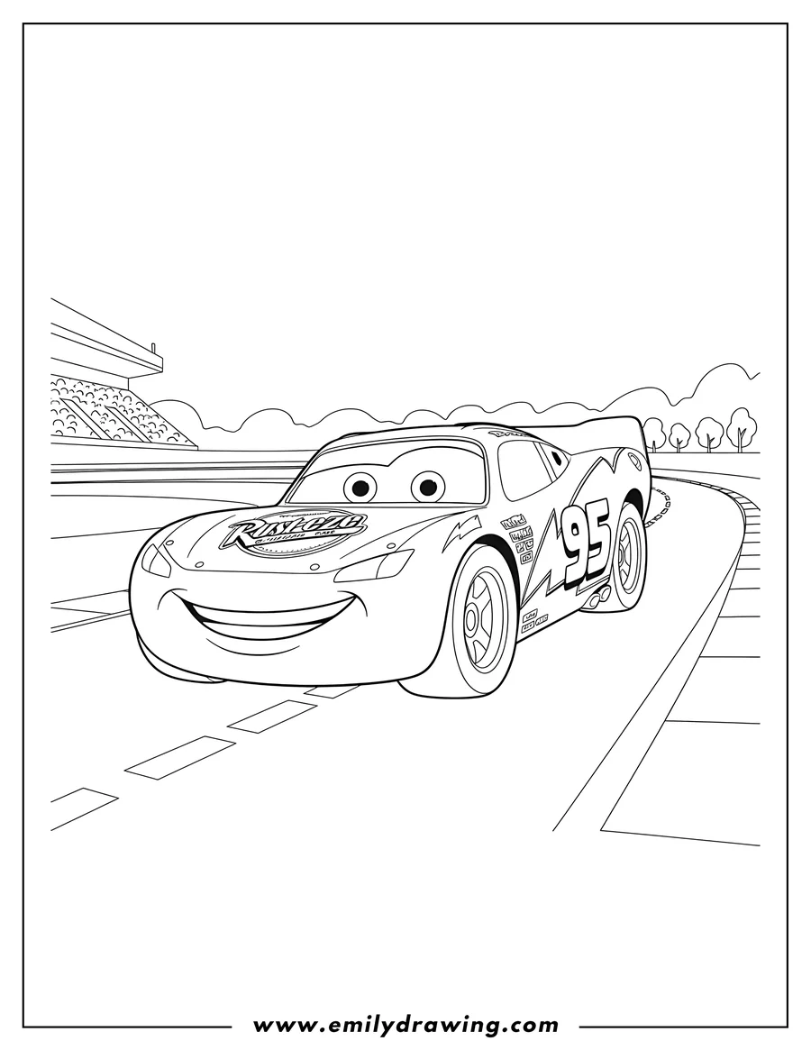 PDF style coloring page: lightning Mcqueen Disney Cover Image, smiling, on a race track