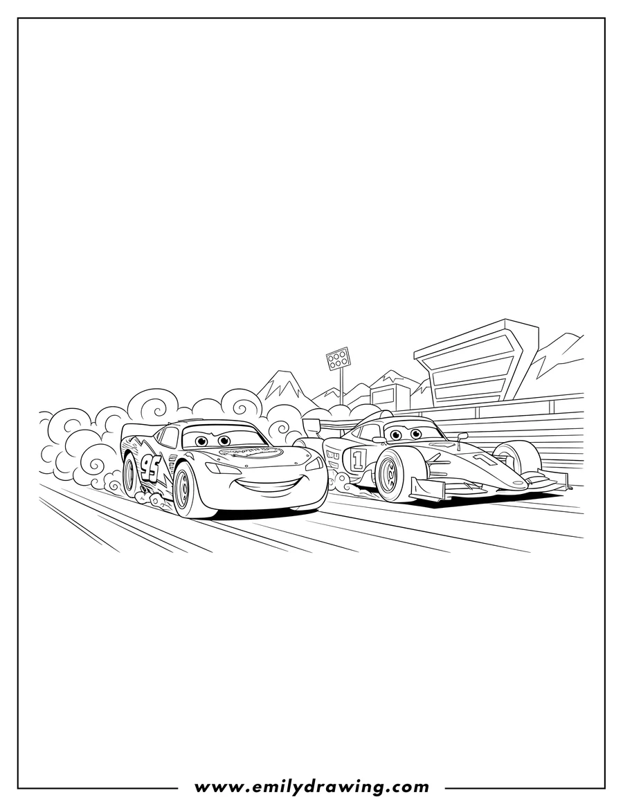Doodle style coloring picture of lightning Mcqueen Racing with Francesco Bernoulli side-by-side