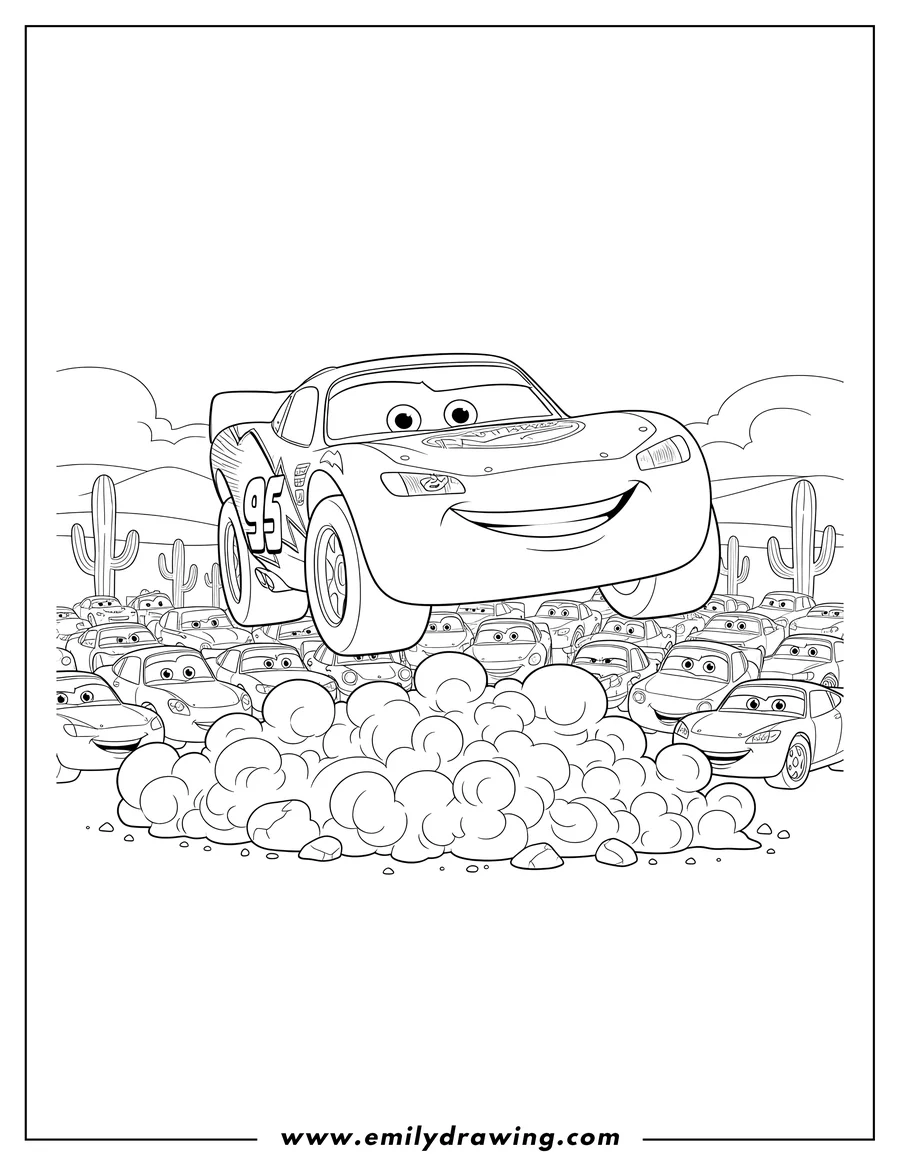 Printable coloring page of lightning Mcqueen showing off to a crowd, smiling and jumping over a pile of dust
