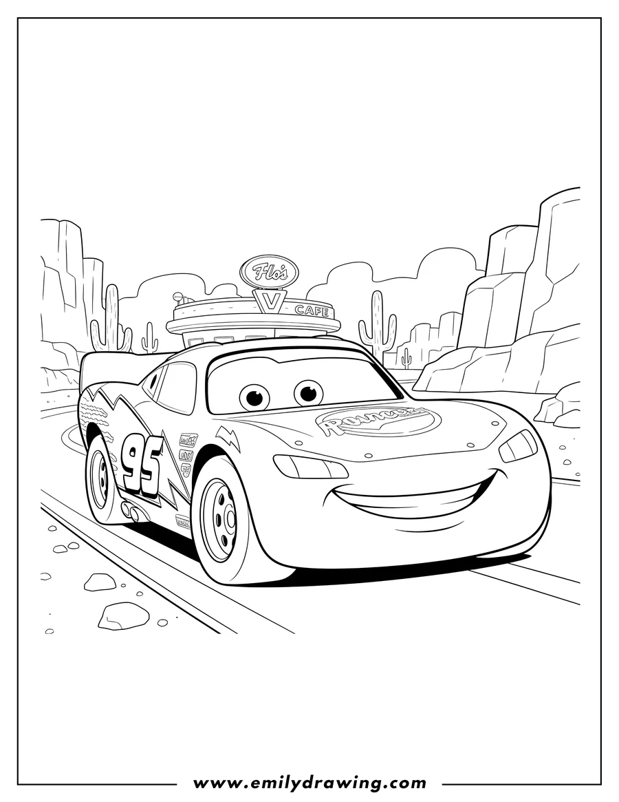 Coloring page of lightning McQueen smiling widely and driving in Radiator Springs