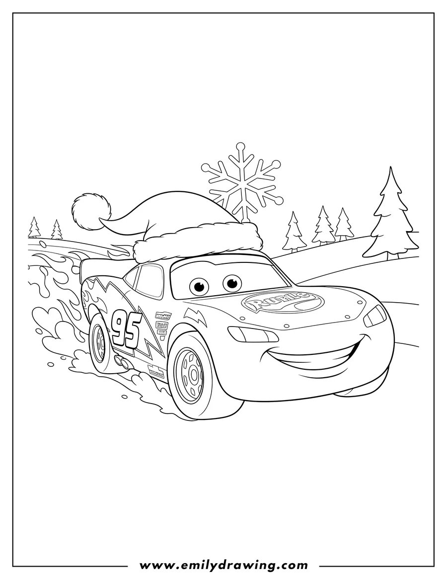 Free to print drawing of lightning Mcqueen With Christmas Hat Speeding Away Winter, smiling, with flames on his side