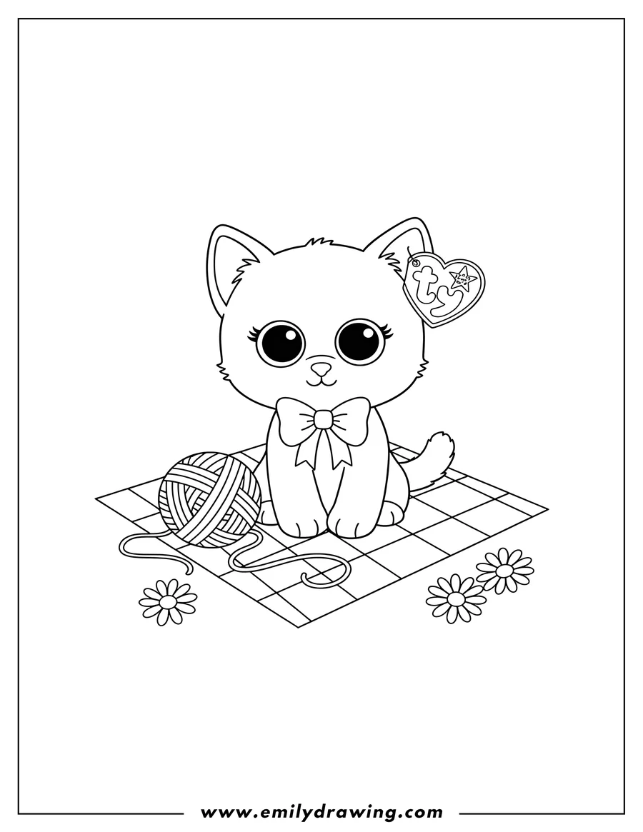 Free to print drawing of beanie Boo Lillibelle cat sitting on a picnic mat with a Ty tag and a ball of yarn