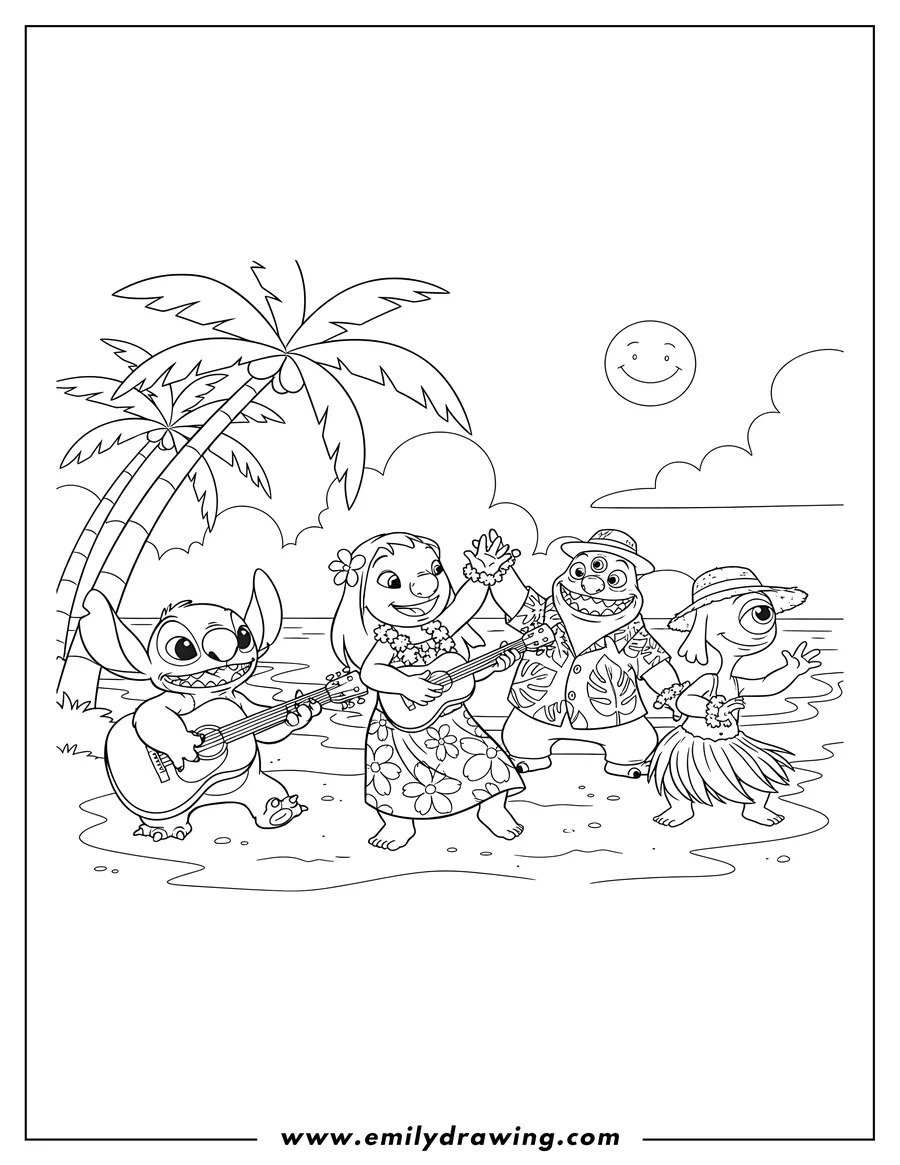 Free to print drawing of lilo and Stitch playing guitar and dancing on the beach with Jumba and Pleakley