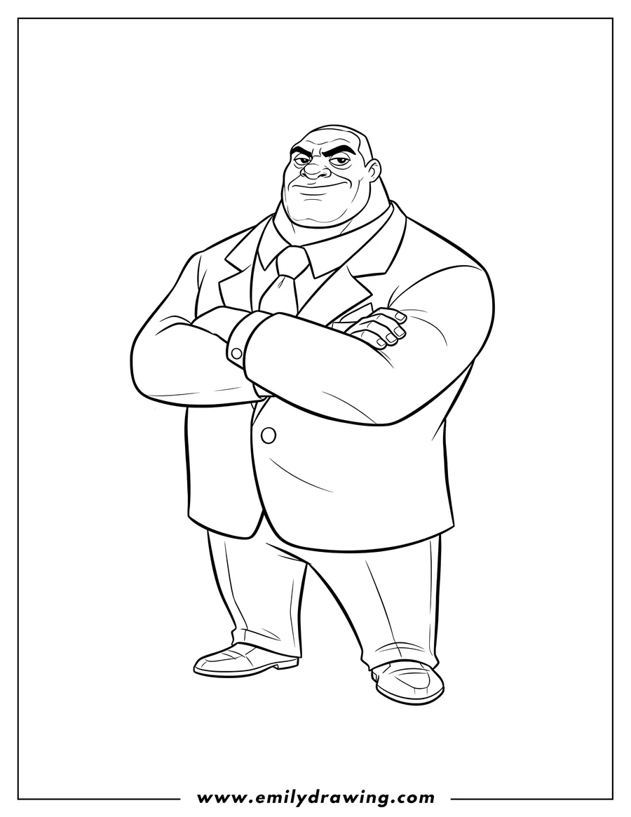 PDF style coloring page: lilo And Stitch Outline Cobra Bubbles, in a suit and tie, with a stern expression