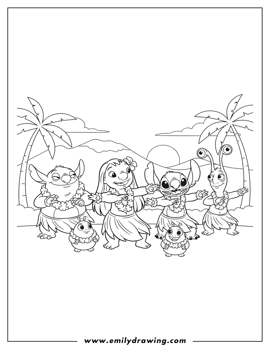 Clean line drawing: lilo And Stitch With Friends Hula Dancing, wearing leis and grass skirts