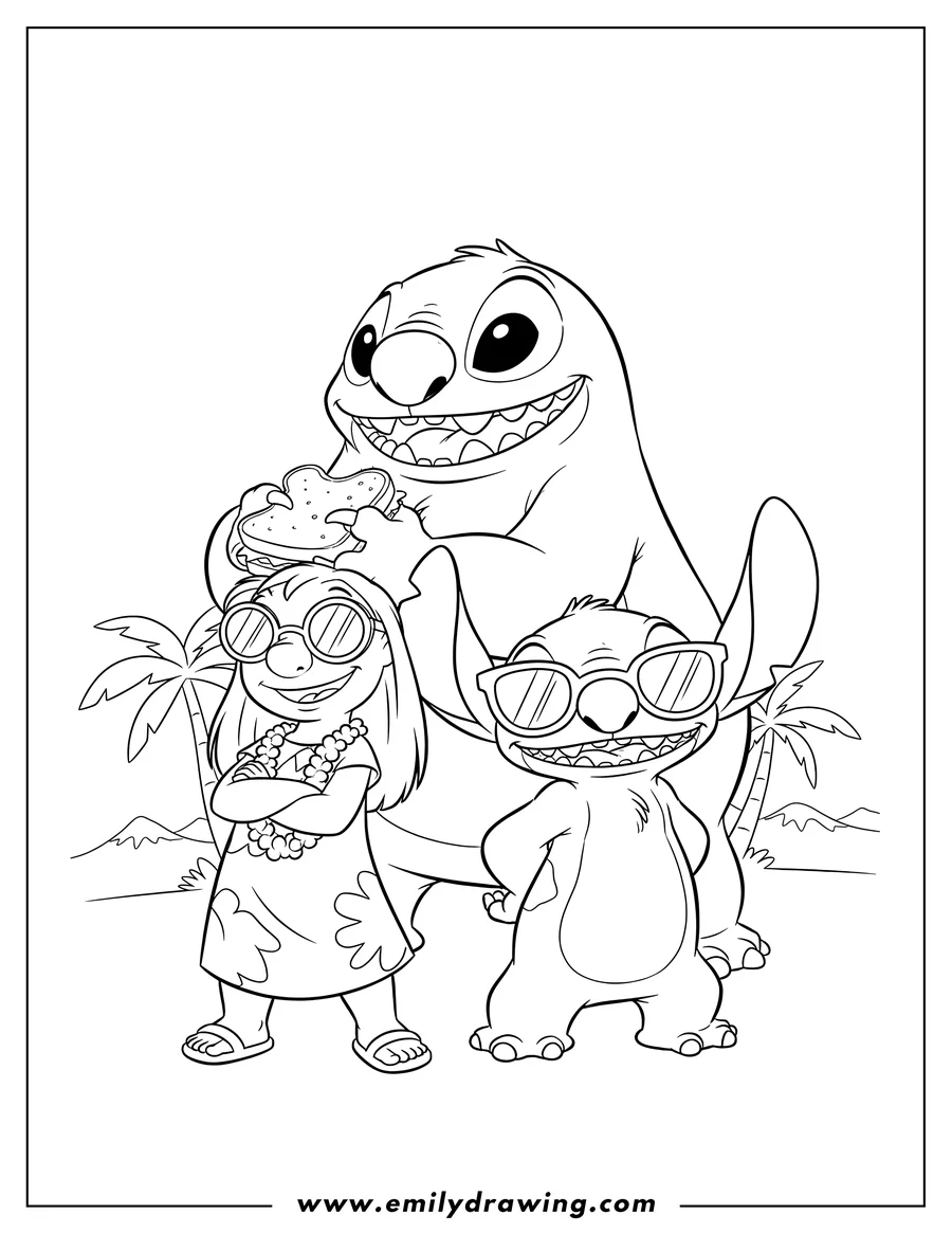 Coloring page of lilo and Stitch wearing sunglasses, Lilo with crossed arms, and a large, smiling Reuben in the background