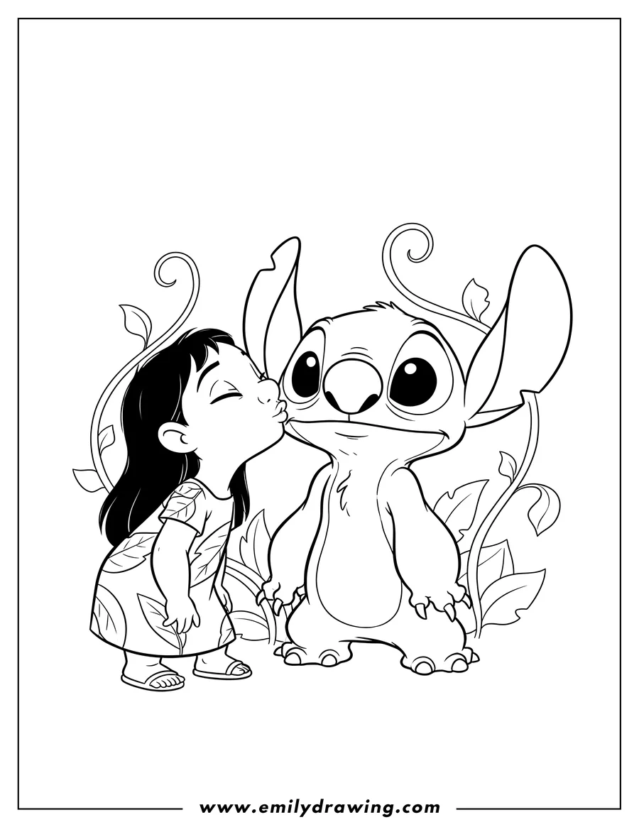 Coloring page for kids: lilo kissing Stitch on the cheek as Stitch looks surprised