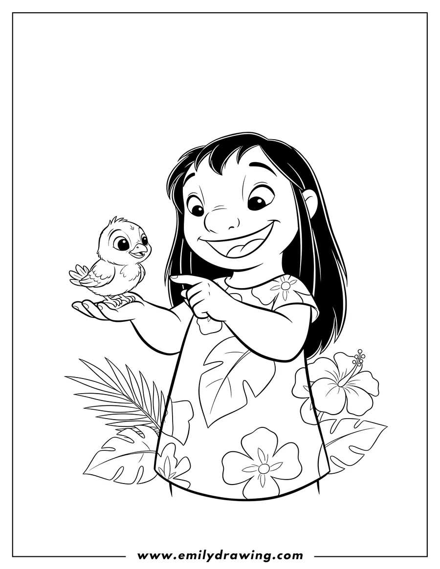 Doodle style coloring picture of lilo smiling and pointing at a baby bird perched on her hand