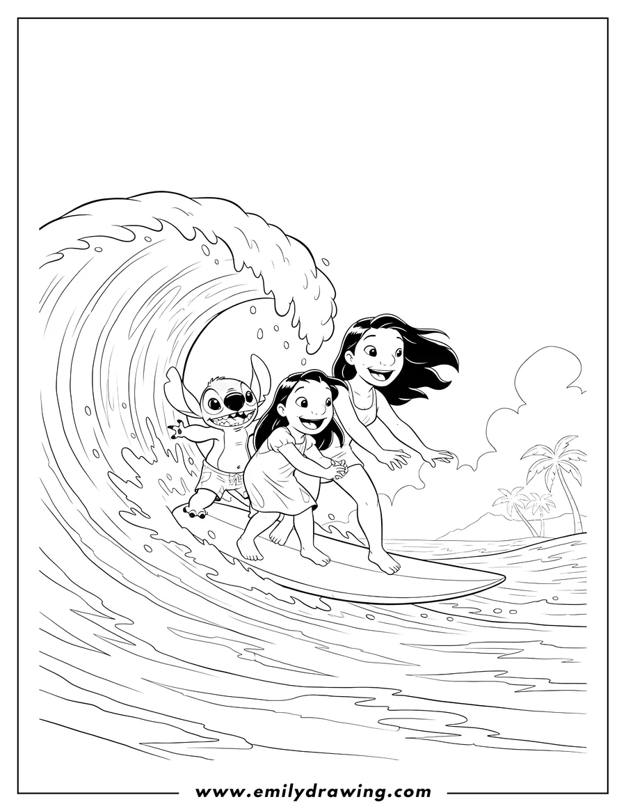 Outline drawing of lilo, Stitch, and Nani Pelekai smiling and surfing together on a big wave