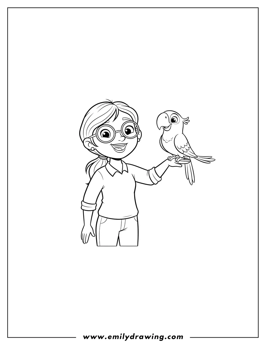 Simple sketch of linda, wearing glasses and smiling, with a happy Blu perched on her arm to color