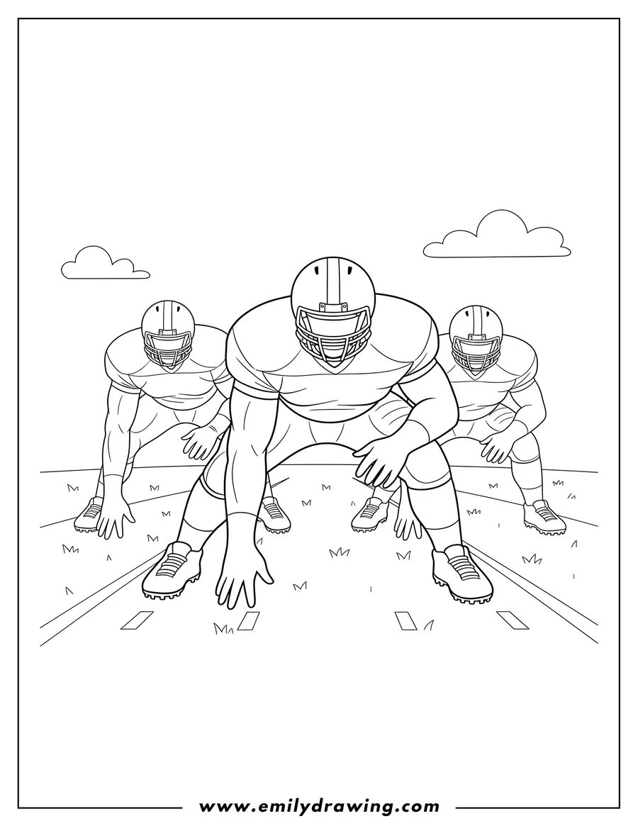 PDF style coloring page: football linemen lined up and ready for play, to color