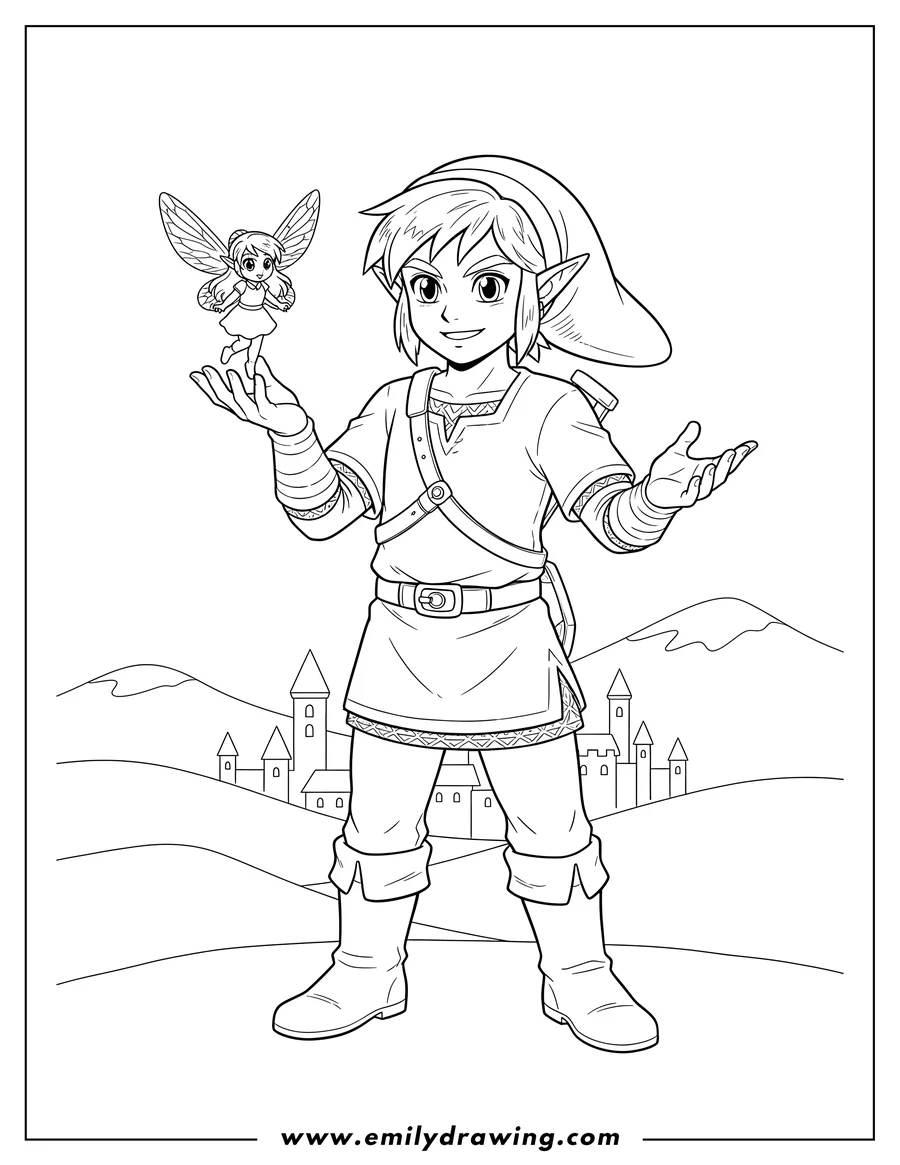 Vector style outline of link from Zelda holding something with a fairy