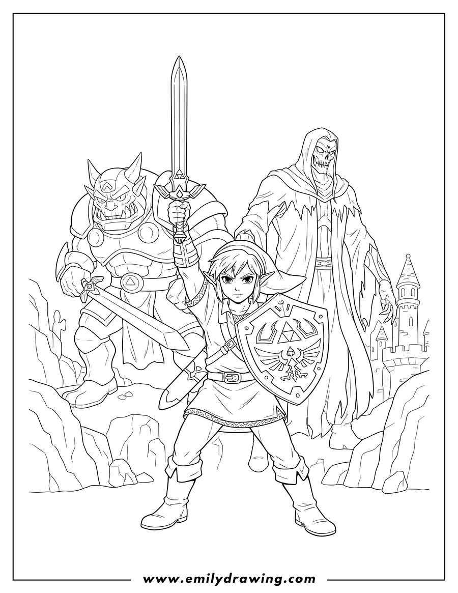 Doodle style coloring picture of legend Zelda Link holding sword up high with shield, with two looming antagonists behind him