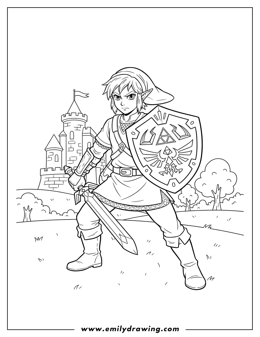 Full page coloring image of link in a defensive stance with sword and shield