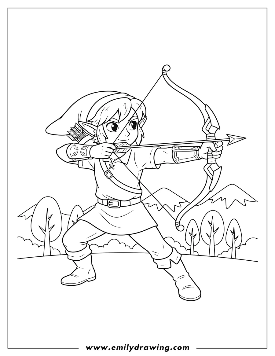 Linear illustration of detailed Link Shooting An Arrow, with pointed ears, in a dynamic pose