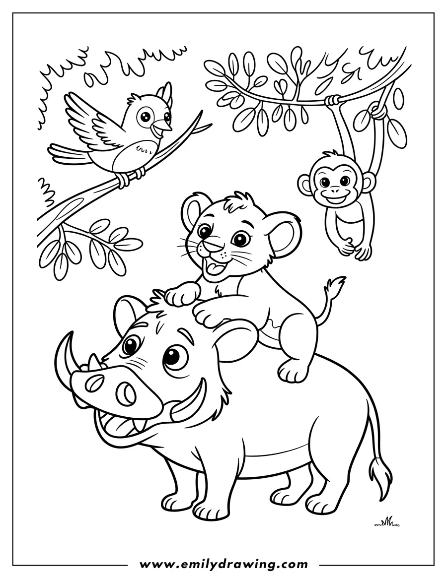 Black and white line art of lion Cub