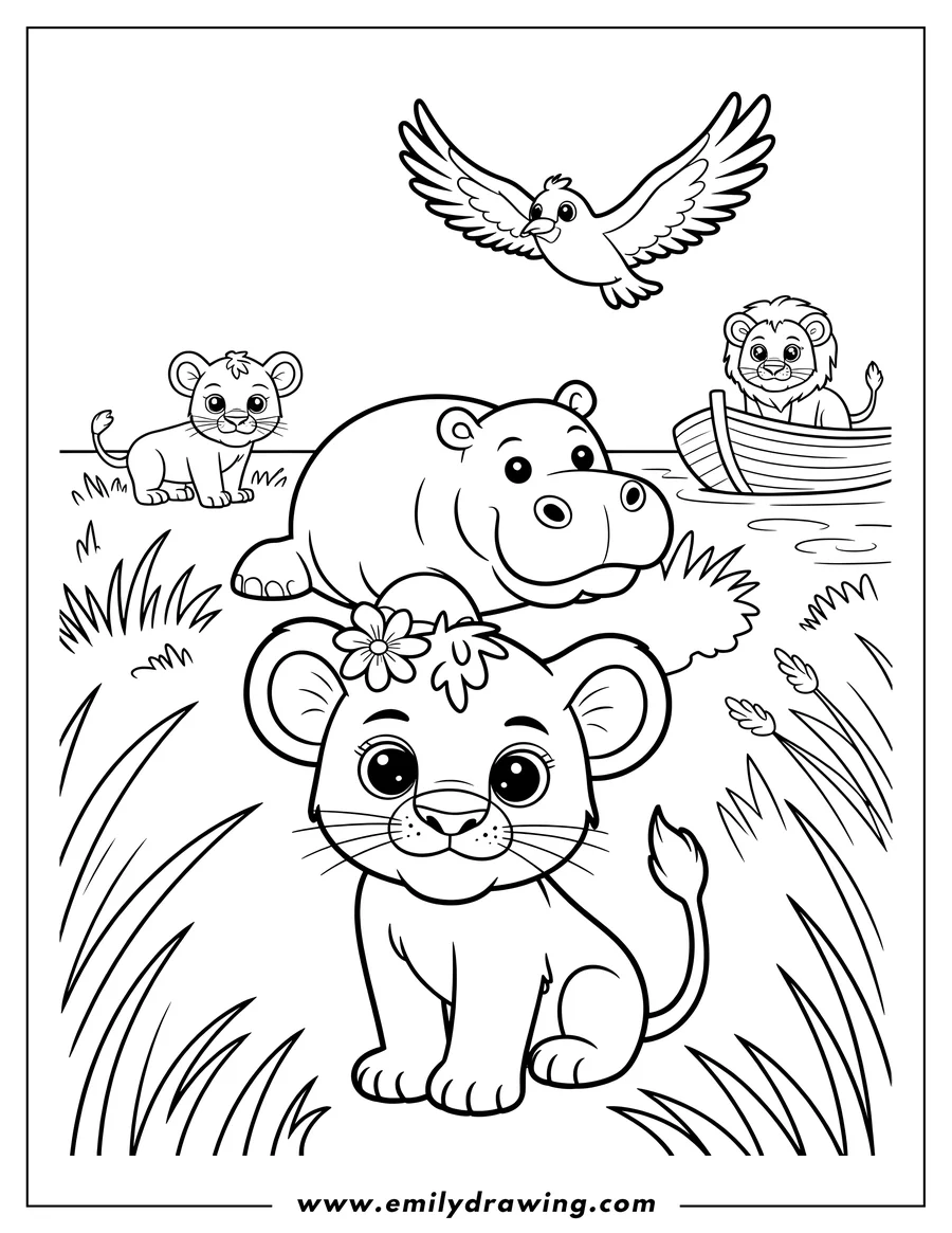 Black and white line art of lion Cub