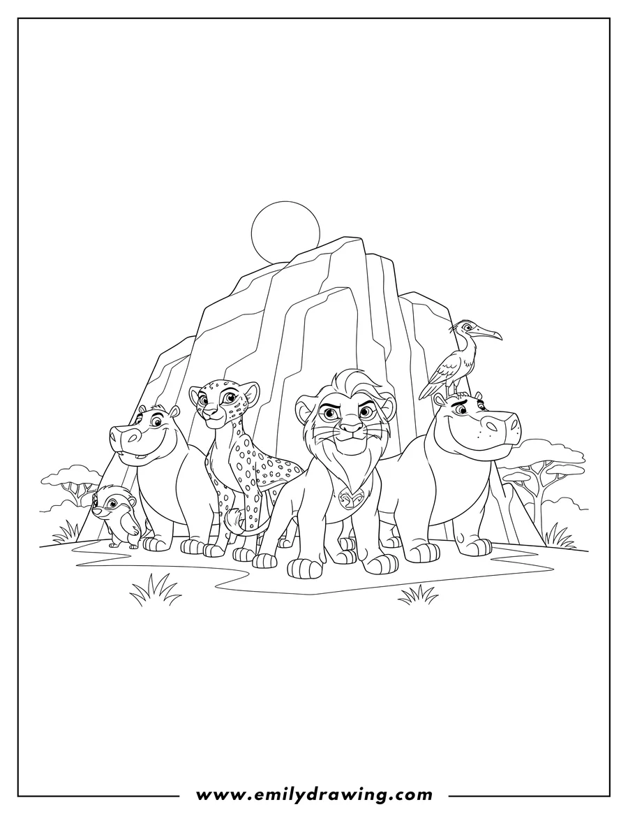 Coloring page of kion and the Lion Guard standing together in front of Pride Rock