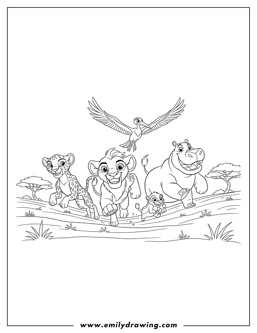 Coloring sheet featuring lion Guard Kion, Fuli, Beshte, Bunga, and Ono running together