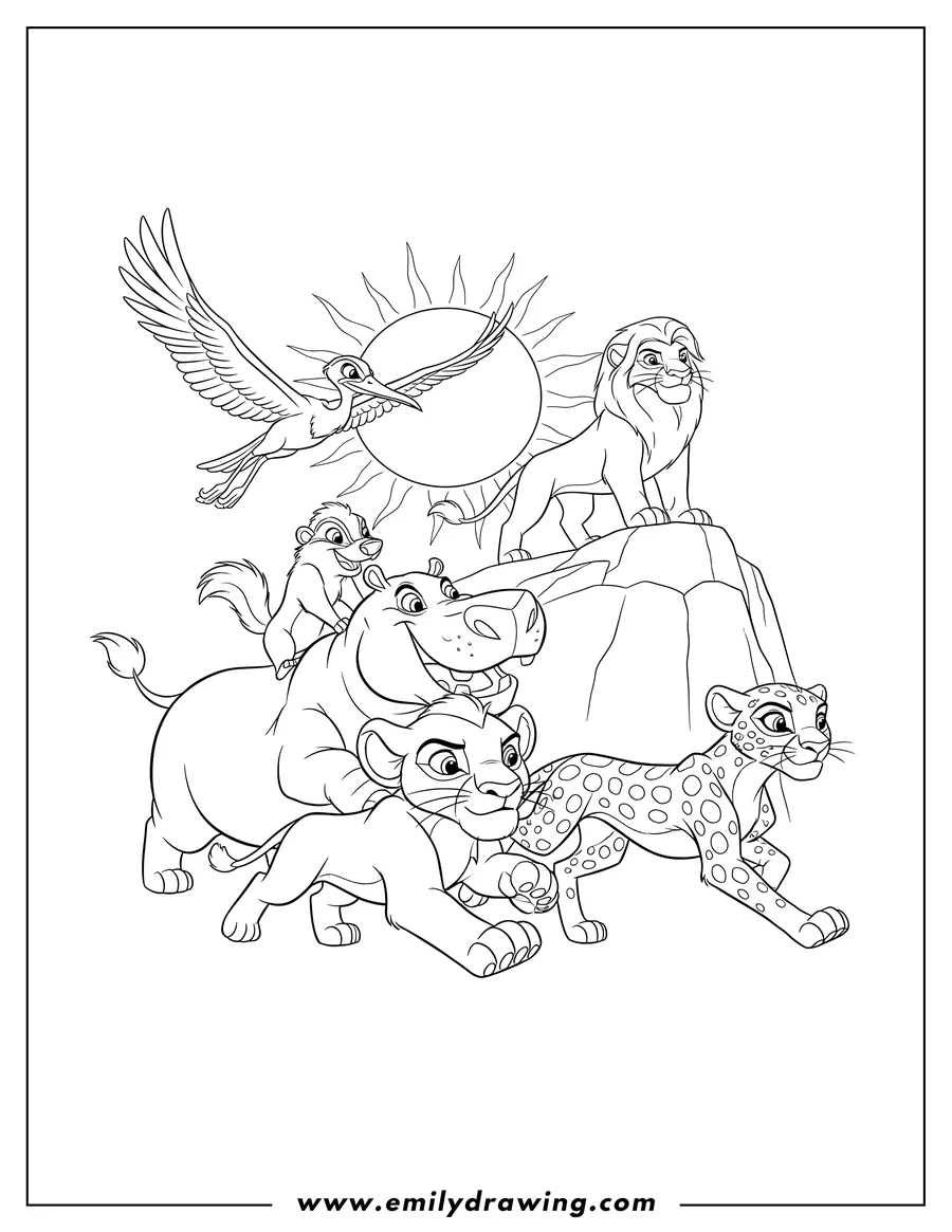 Black and white line art of lion Guard Running, with Bunga riding Beshte and Ono flying, with Simba on Pride Rock in the background