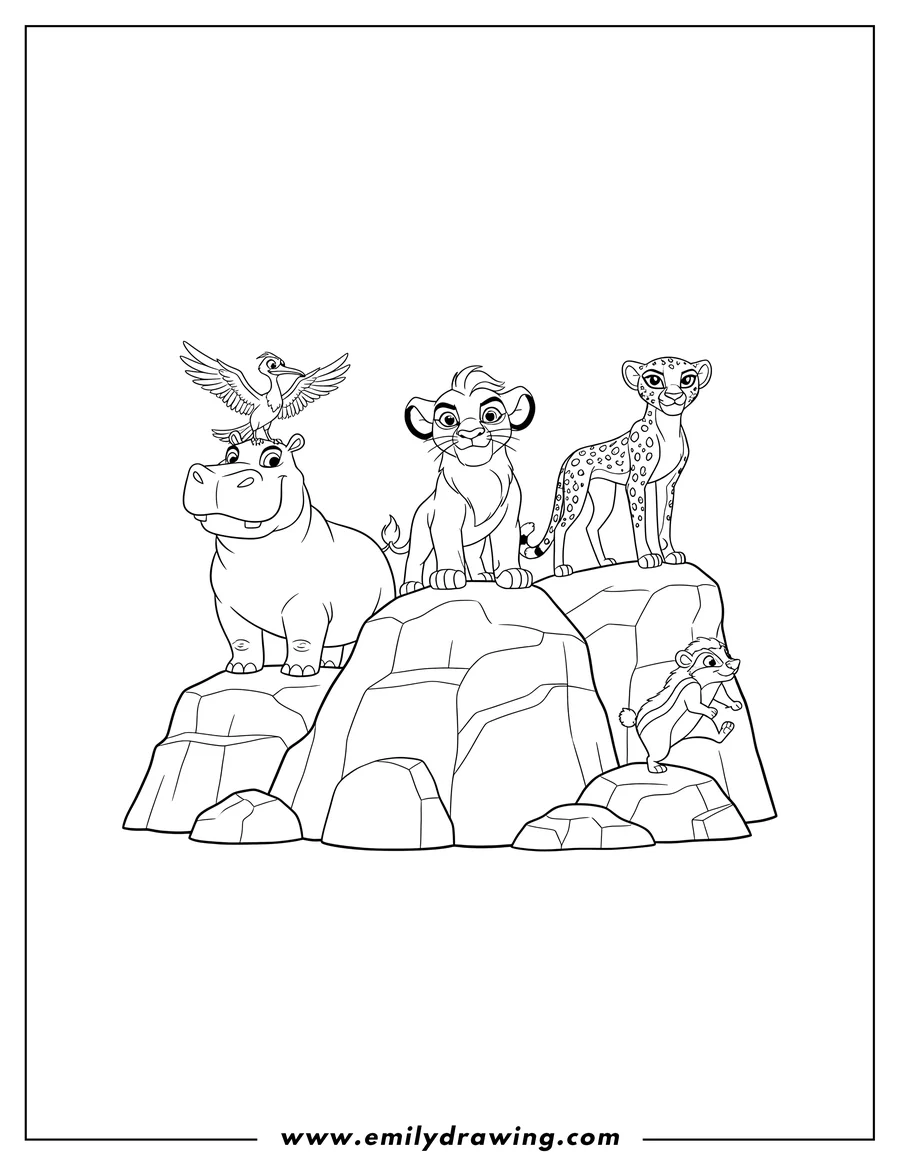 High quality printable simple Kion, Beshte with Ono on his back, Fuli, and Bunga standing on rocks for coloring