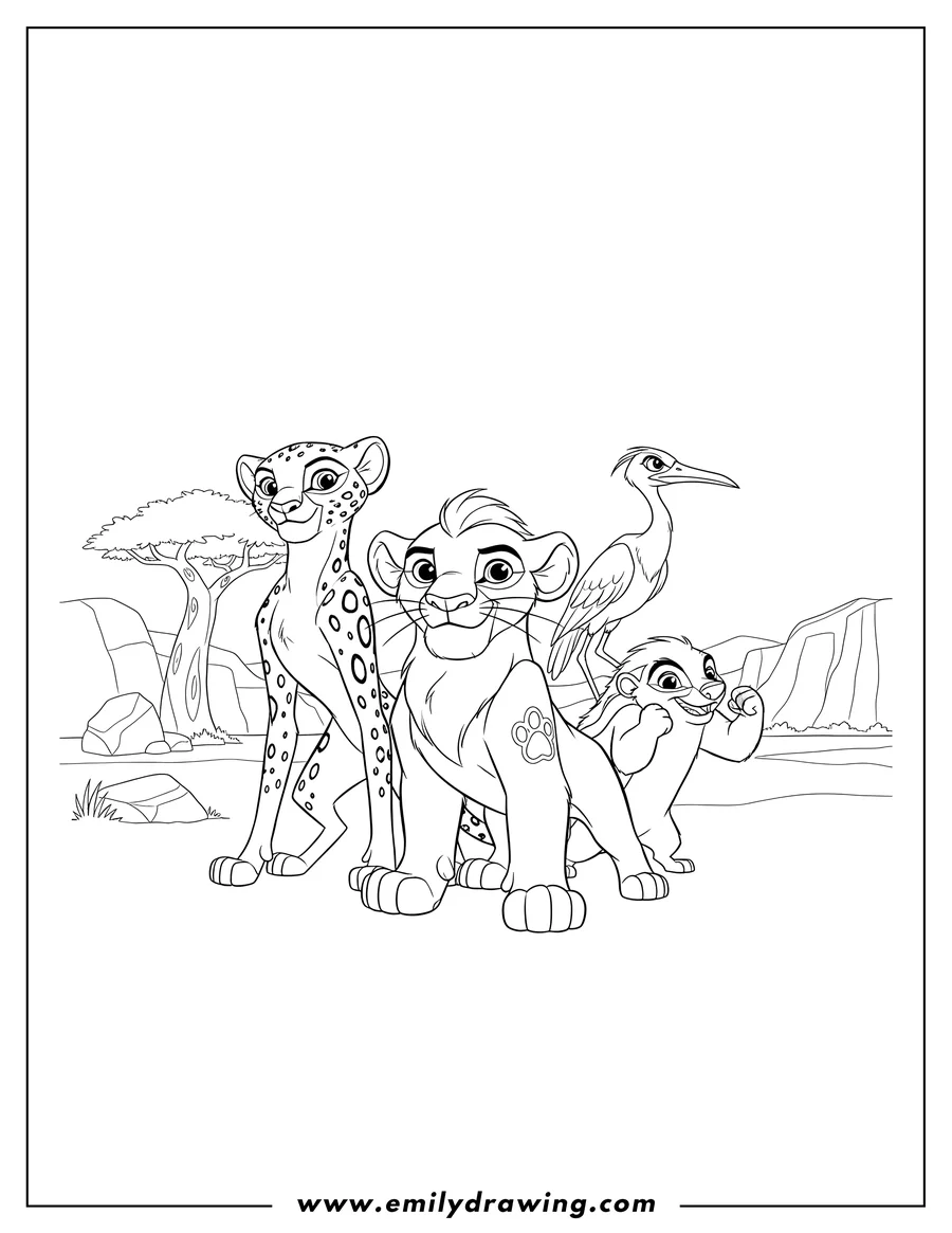 Linear illustration of lion Guard Kion Ono Fuli And Bunga standing together