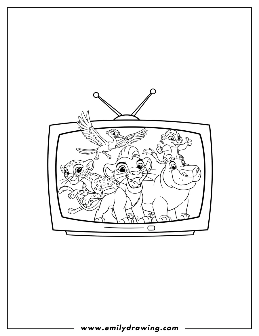 Clean line drawing: lion Guard Tv with Kion, Fuli, Beshte, Bunga, and Ono