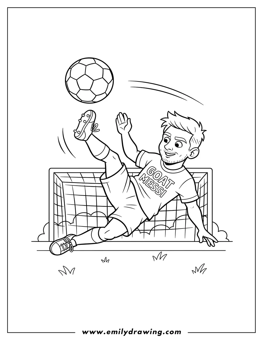 Downloadable coloring page of lionel Messi doing a bicycle kick with a soccer ball in the air, wearing a jersey with 'GOAT' and 'MESSI'