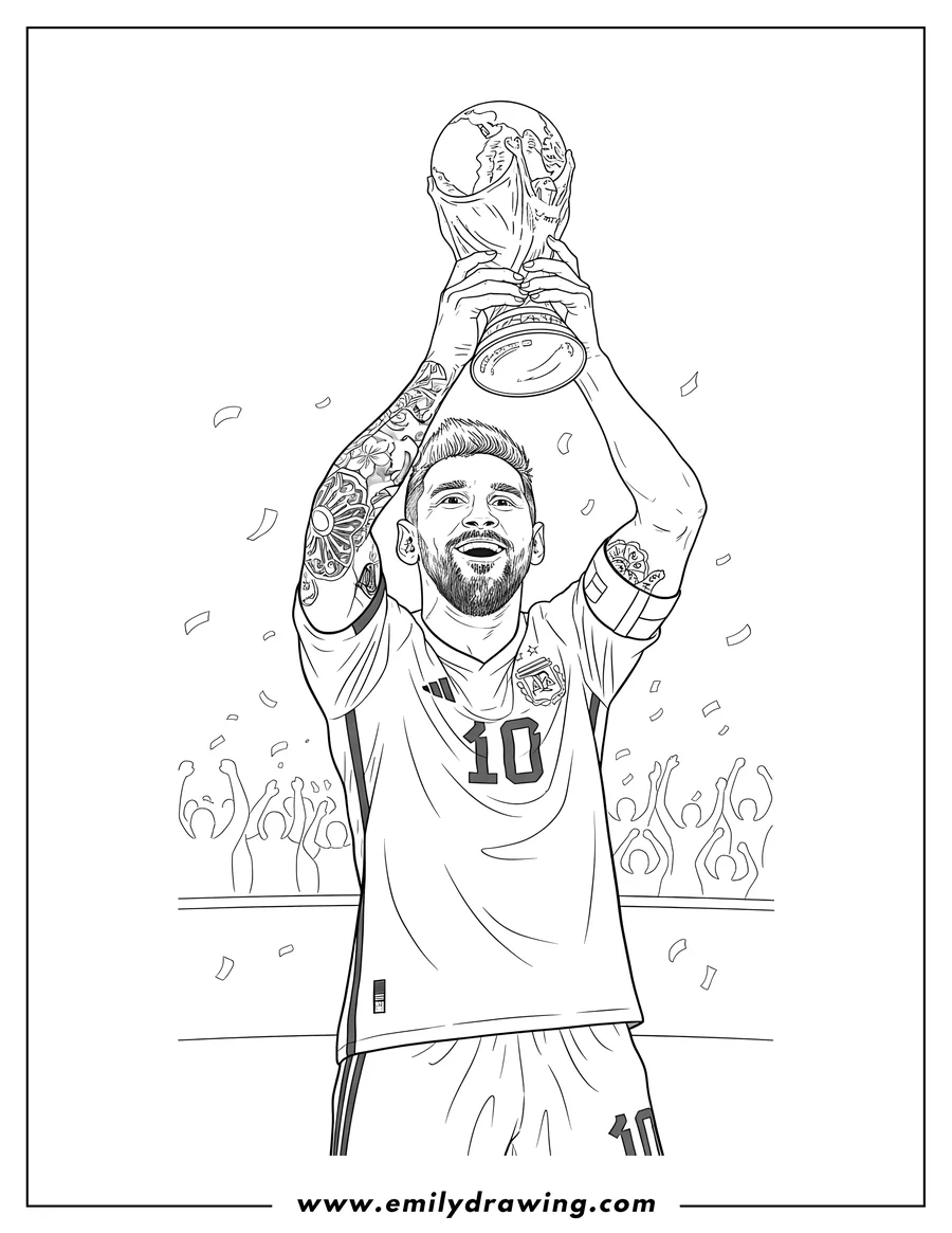 Coloring page of lionel Messi celebrating with arms raised, holding Fifa Trophy, and visible arm tattoos To Color