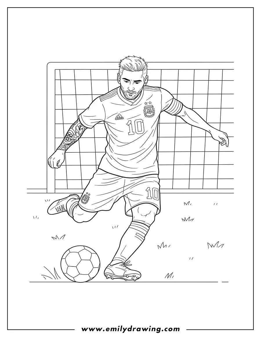 Coloring sheet featuring lionel Messi wearing a number 10 jersey and an arm tattoo, striking a soccer ball