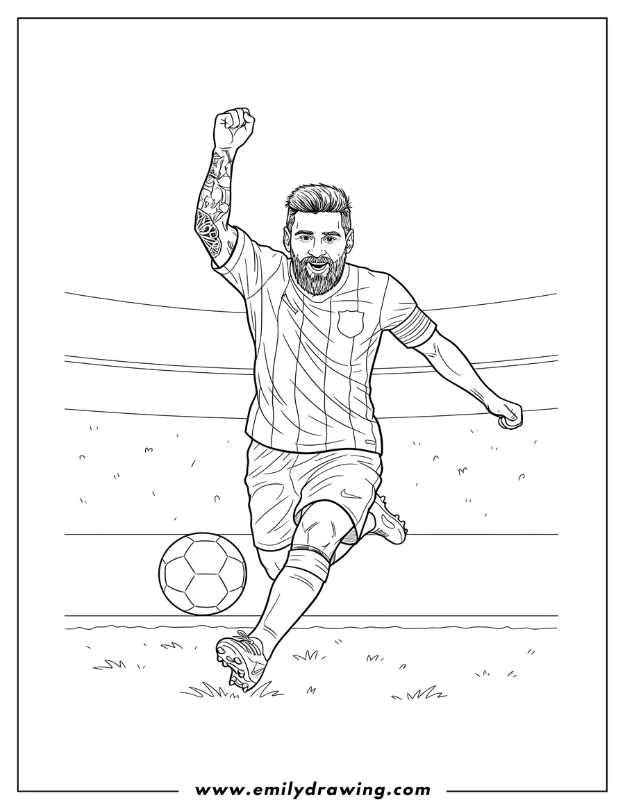 Downloadable coloring page of lionel Messi with a beard, in a striped jersey, kicking a soccer ball with a raised arm