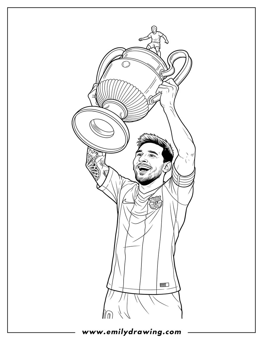 High quality printable lionel Messi smiling in his FC Barcelona jersey, lifting a trophy overhead for coloring