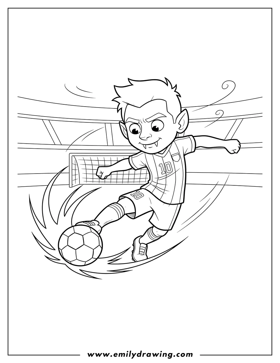 Coloring page for kids: lionel Messi with fangs, powerfully striking a soccer ball with motion lines
