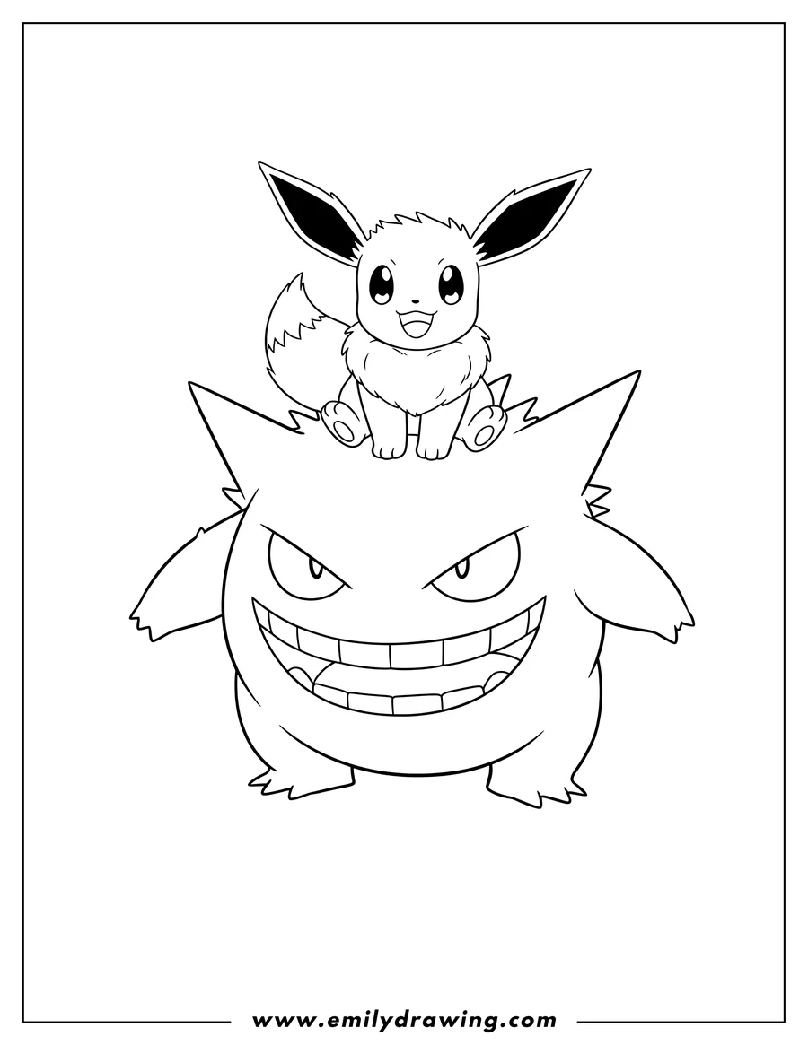 Free to print drawing of little Eevee riding on Gengar's head, with Gengar smiling mischievously