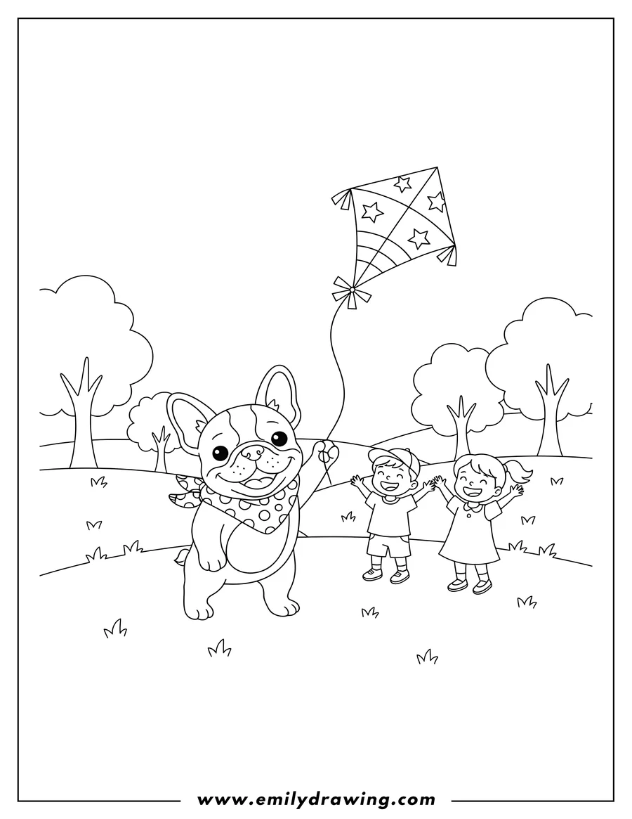 Printable line art of little French Bulldog wearing a scarf and holding a kite string, flying a kite, at park, preschoolers