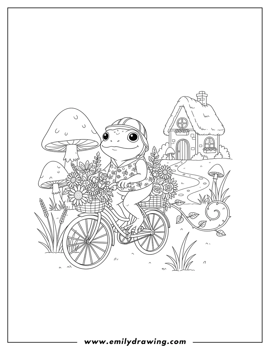 Printable line art of adorable Little Frog Riding Bicycle with Flowers Cottagecore
