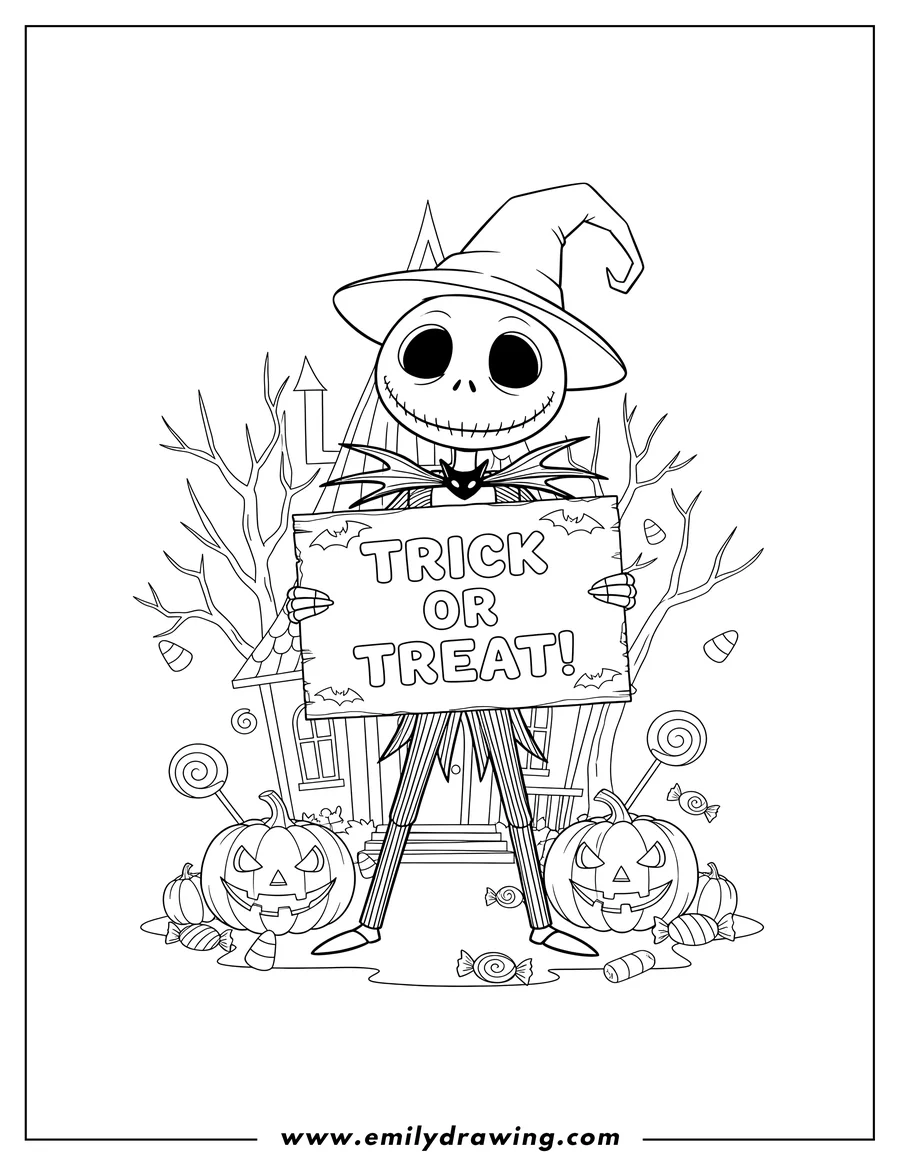Doodle style coloring picture of little Jack Skellington Trick Or Treating, holding a Halloween sign, surrounded by pumpkins and candy